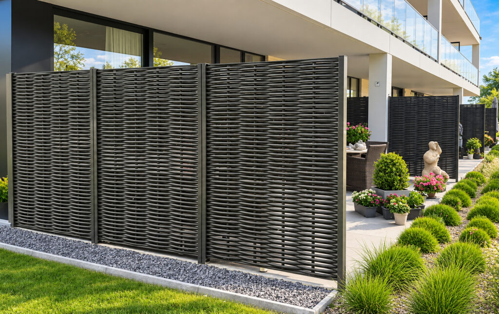 Brise-vue tressé délimitant une terrasse avec un coin repas